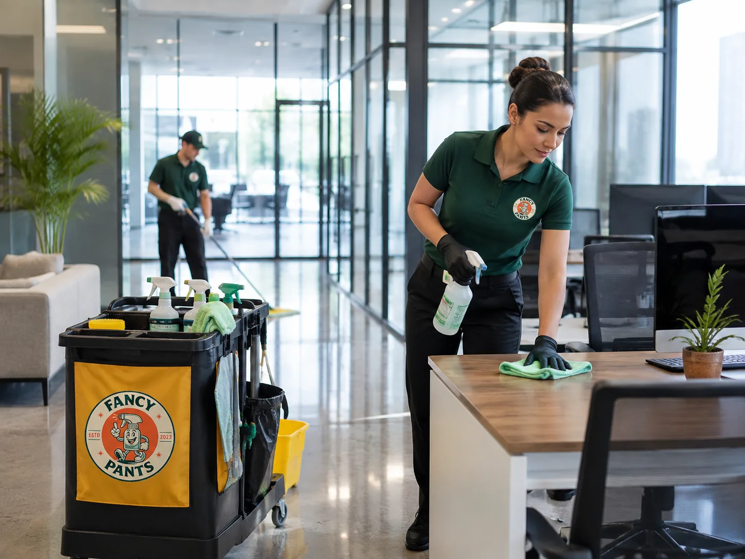 Fancy Pants commercial cleaners in branded green polos disinfecting desks and mopping floors with a logo-branded janitorial cart in a Triangle NC office after hours