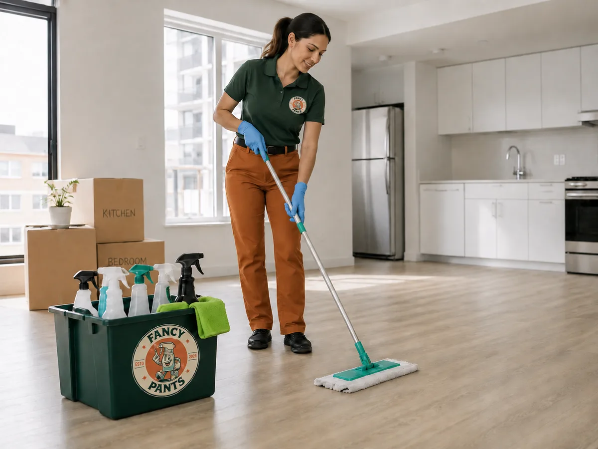 Fancy Pants cleaner in a branded polo mopping the floor of an empty apartment during an end of lease clean.