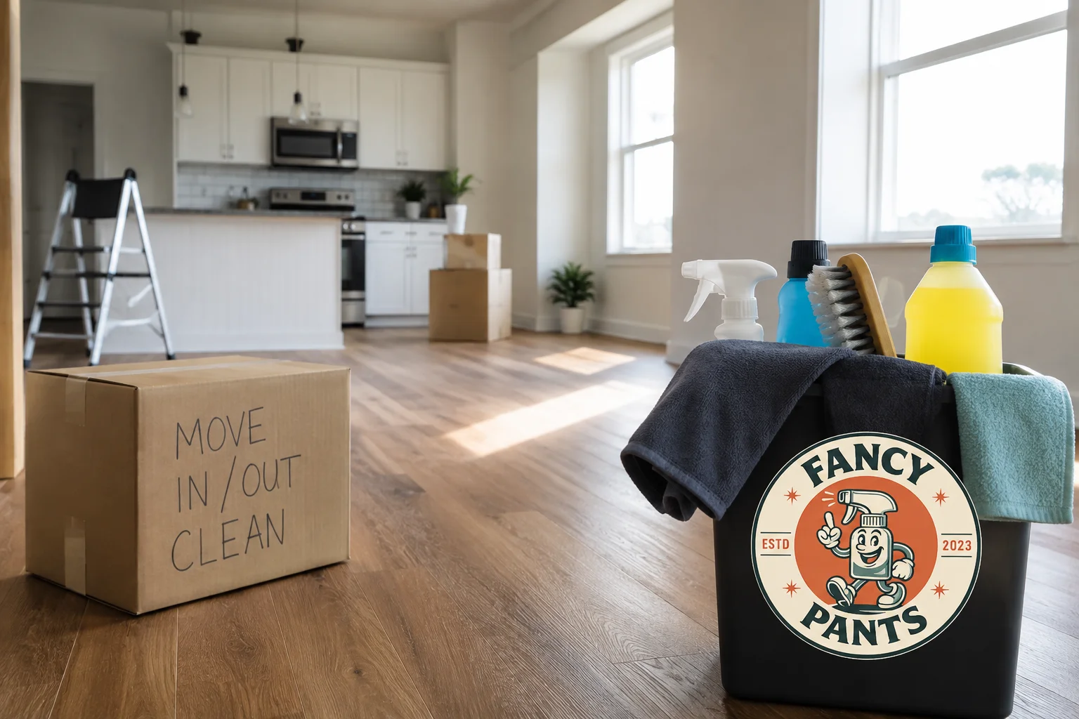Fancy Pants move-in/move-out cleaning caddy with branded logo and supplies in a bright empty apartment with moving boxes.
