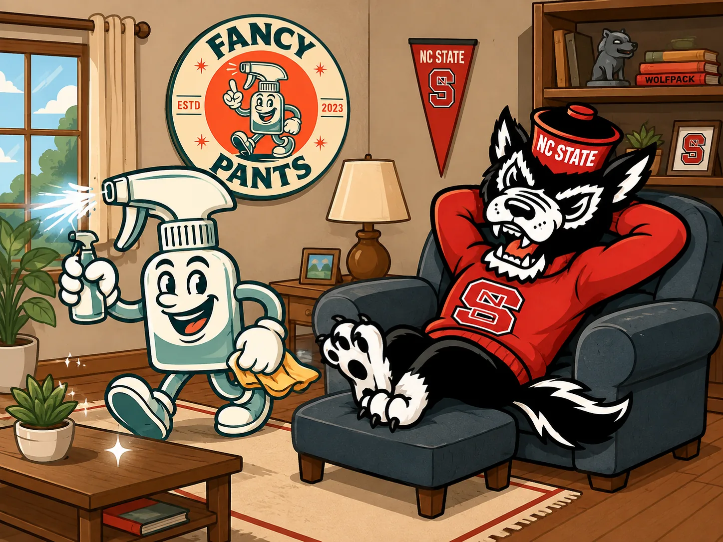 Fancy Pants NC State student apartment cleaning in Raleigh — retro spray bottle mascot scrubbing a living room while a Wolfpack fan relaxes in his armchair.