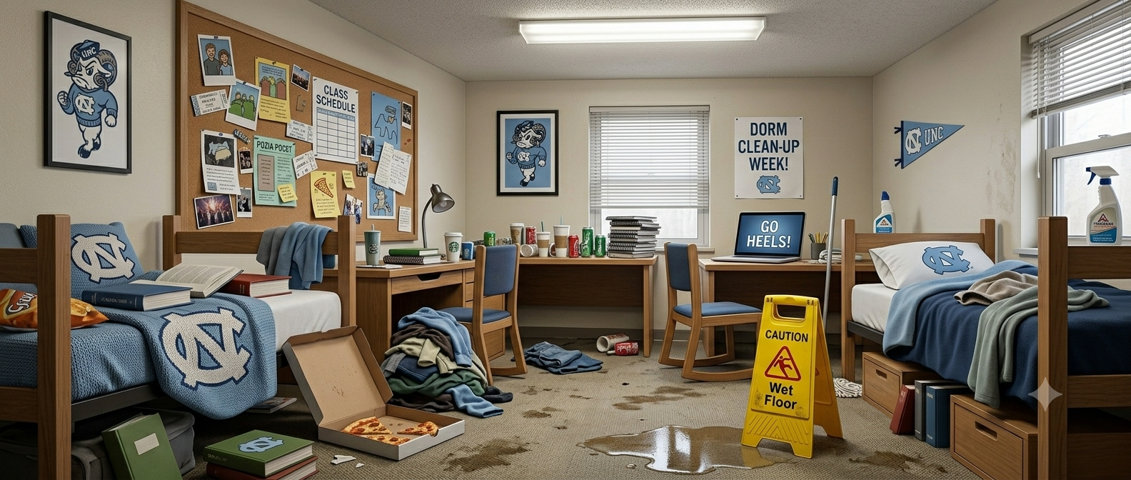 UNC Chapel Hill dorm room before Fancy Pants — Carolina Blue blankets with the NC logo, cluttered desks, laundry pile and a yellow 'Caution Wet Floor' sign on Franklin Street campus housing.