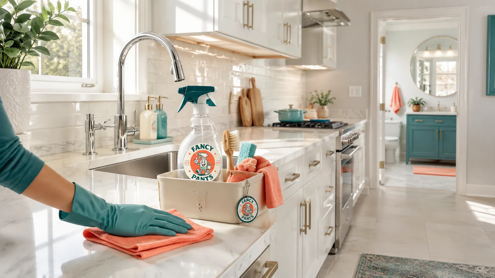 Fancy Pants cleaning caddy and branded supplies on a marble kitchen counter during a deep restorative clean.