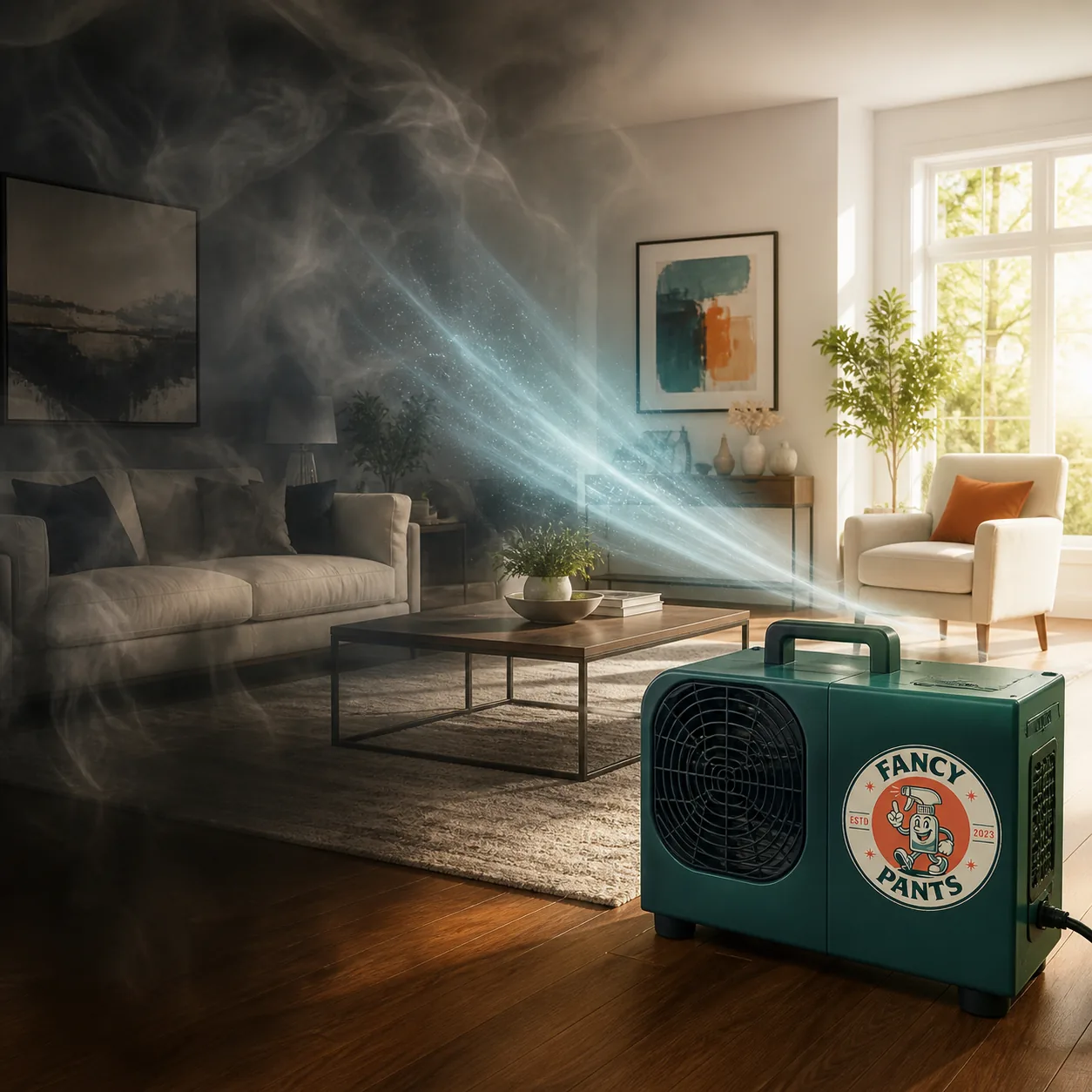 Fancy Pants branded ozone generator running in a Raleigh living room, pulling smoke and stale odor out of the air and leaving the room clean and bright.