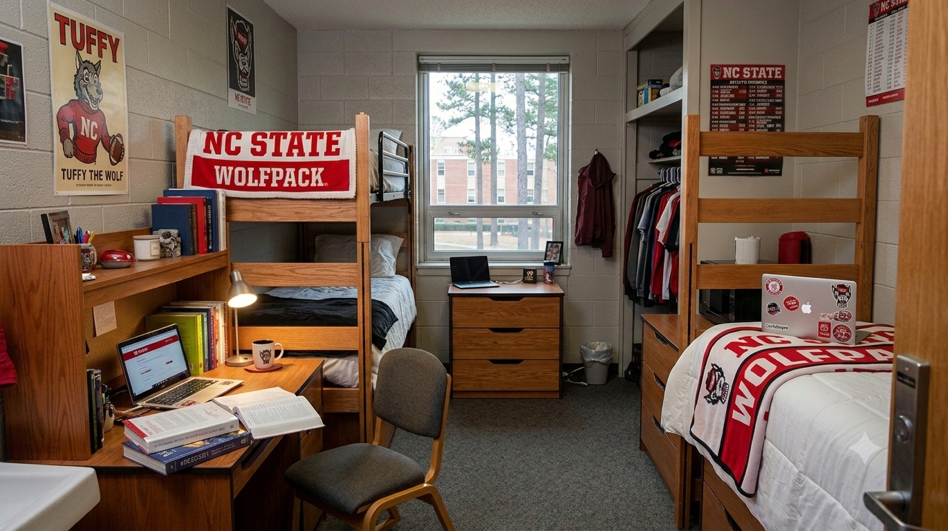 Tidy NC State Wolfpack dorm room near Hillsborough Street with bunk beds, a Tuffy the Wolf poster, NC State Wolfpack blanket, organized desk and laptop — cleaned by Fancy Pants.