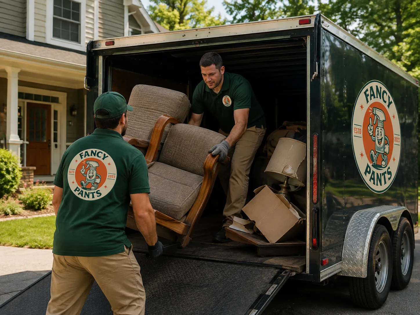 Fancy Pants junk removal crew in branded green polos loading an old armchair and household items into a Fancy Pants hauling trailer outside a Raleigh home.