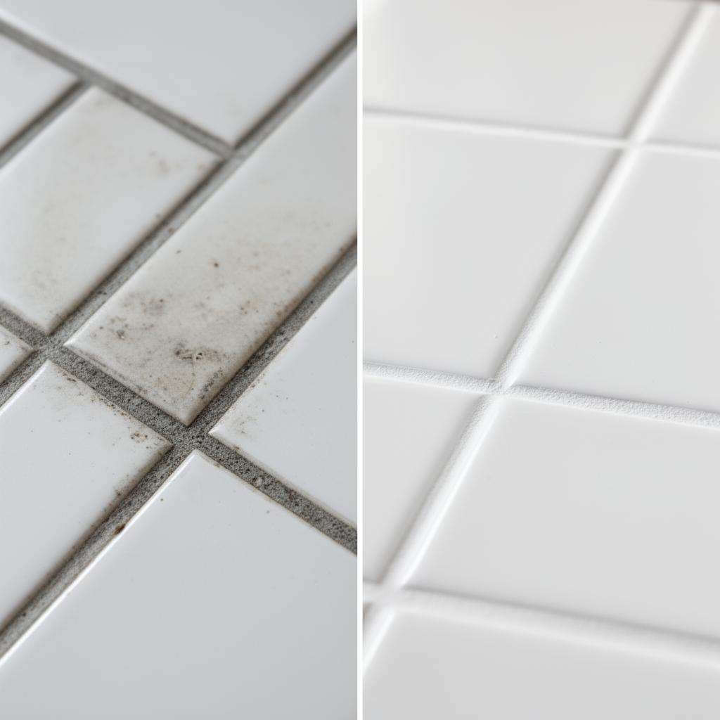 Before-and-after of tile grout restoration showing stained gray grout next to freshly cleaned, recolored and sealed white grout.